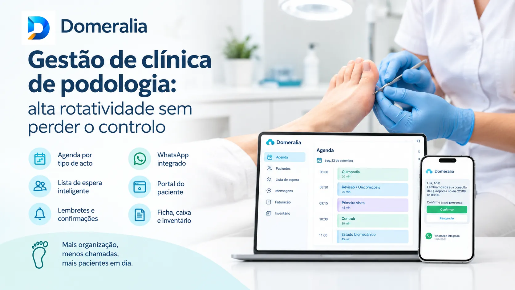 Gestão de clínica de podologia com agenda, lista de espera, lembretes e WhatsApp integrado