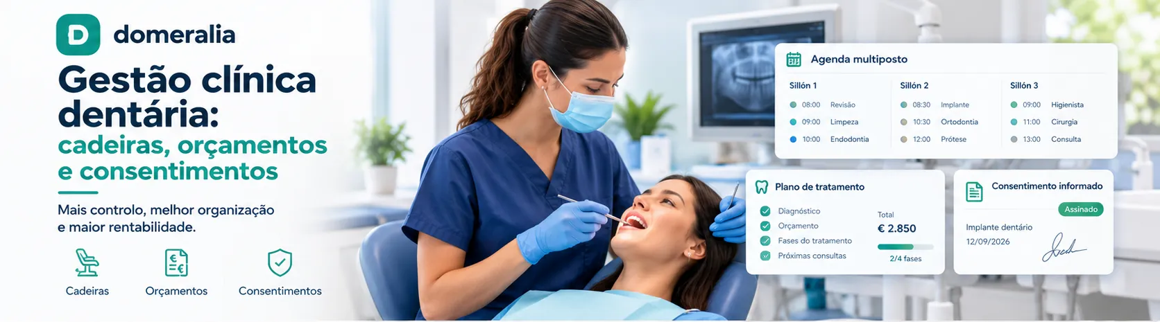 Gestão de clínica dentária com agenda de cadeiras, orçamentos e consentimentos informados
