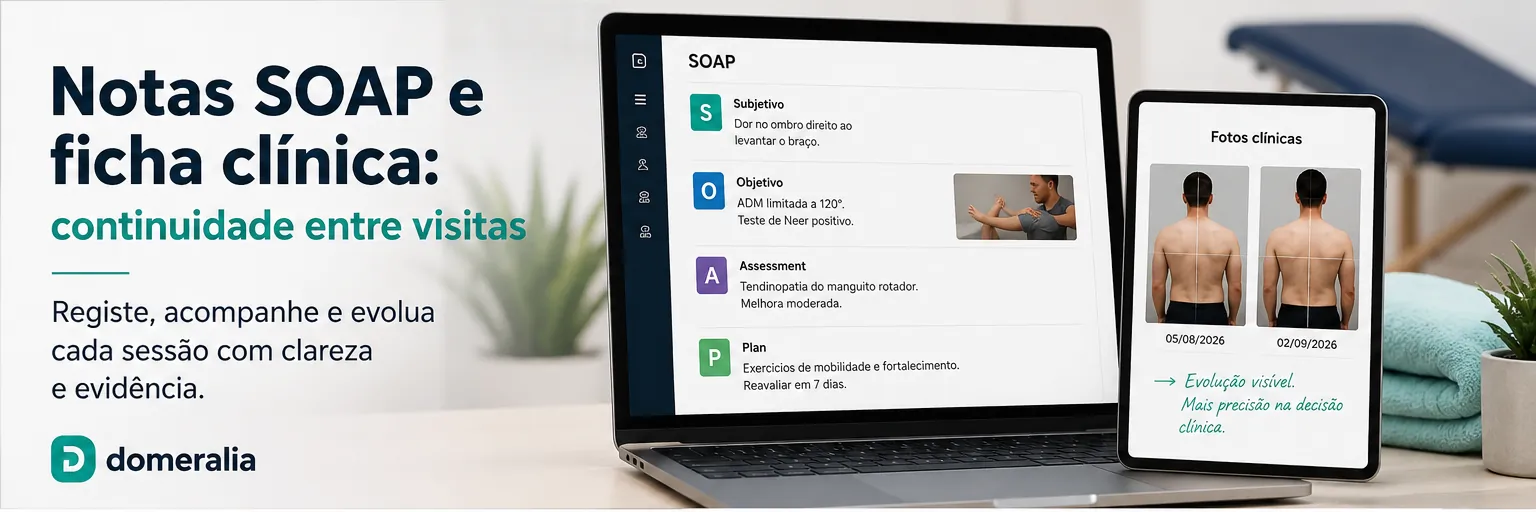 Notas SOAP e ficha clínica com acompanhamento da evolução clínica e fotos de pacientes