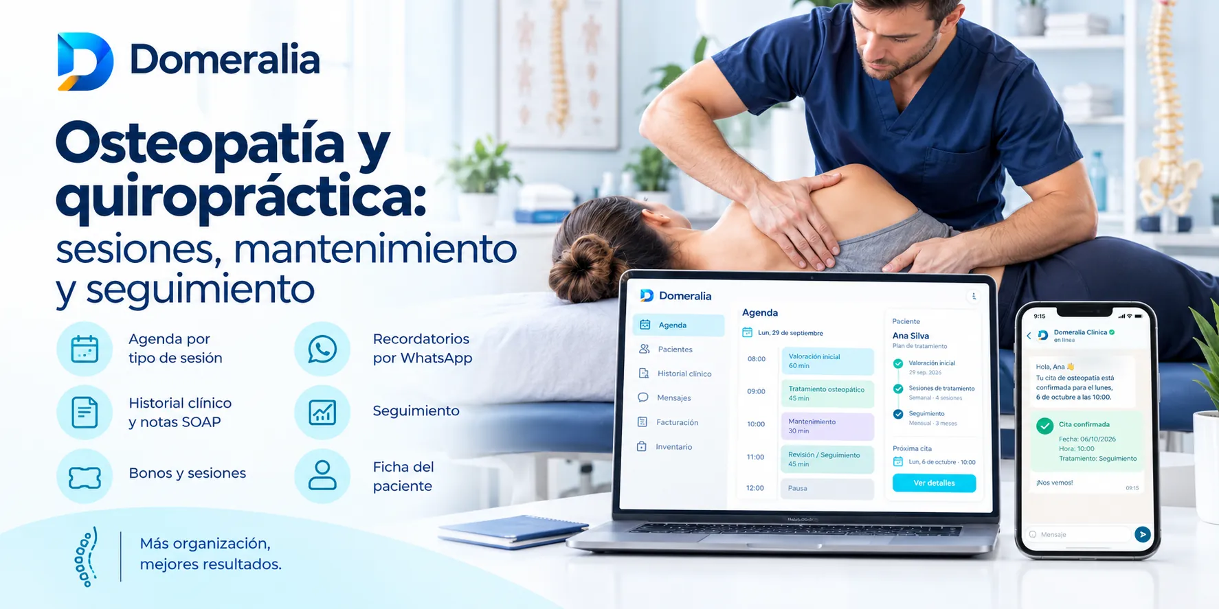 Gestión de consulta de osteopatía y quiropráctica con agenda, historial clínico, notas SOAP, seguimiento y recordatorios por WhatsApp