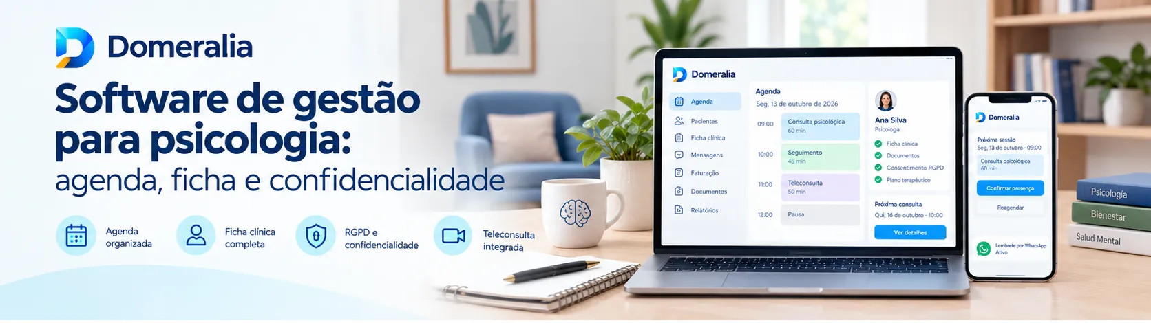 Software de gestão para psicólogos com agenda clínica, fichas de pacientes, documentos, teleconsulta integrada e ferramentas de confidencialidade.