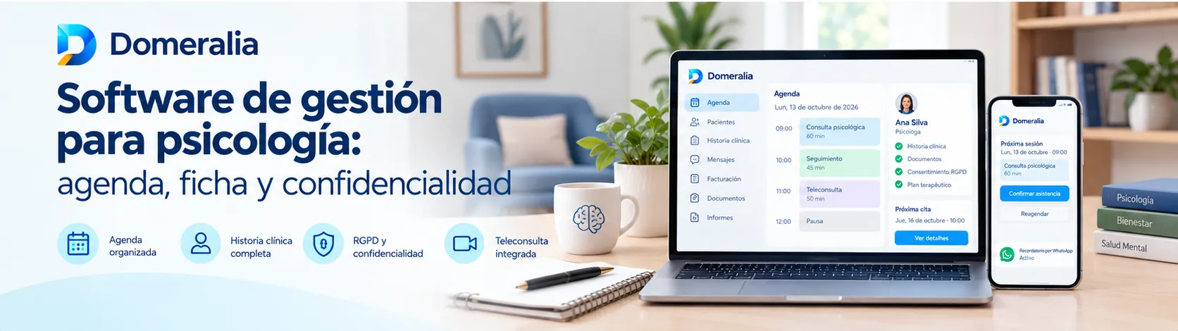 Software de gestión para psicólogos con agenda clínica, fichas de pacientes, documentos, teleconsulta integrada y herramientas de confidencialidad